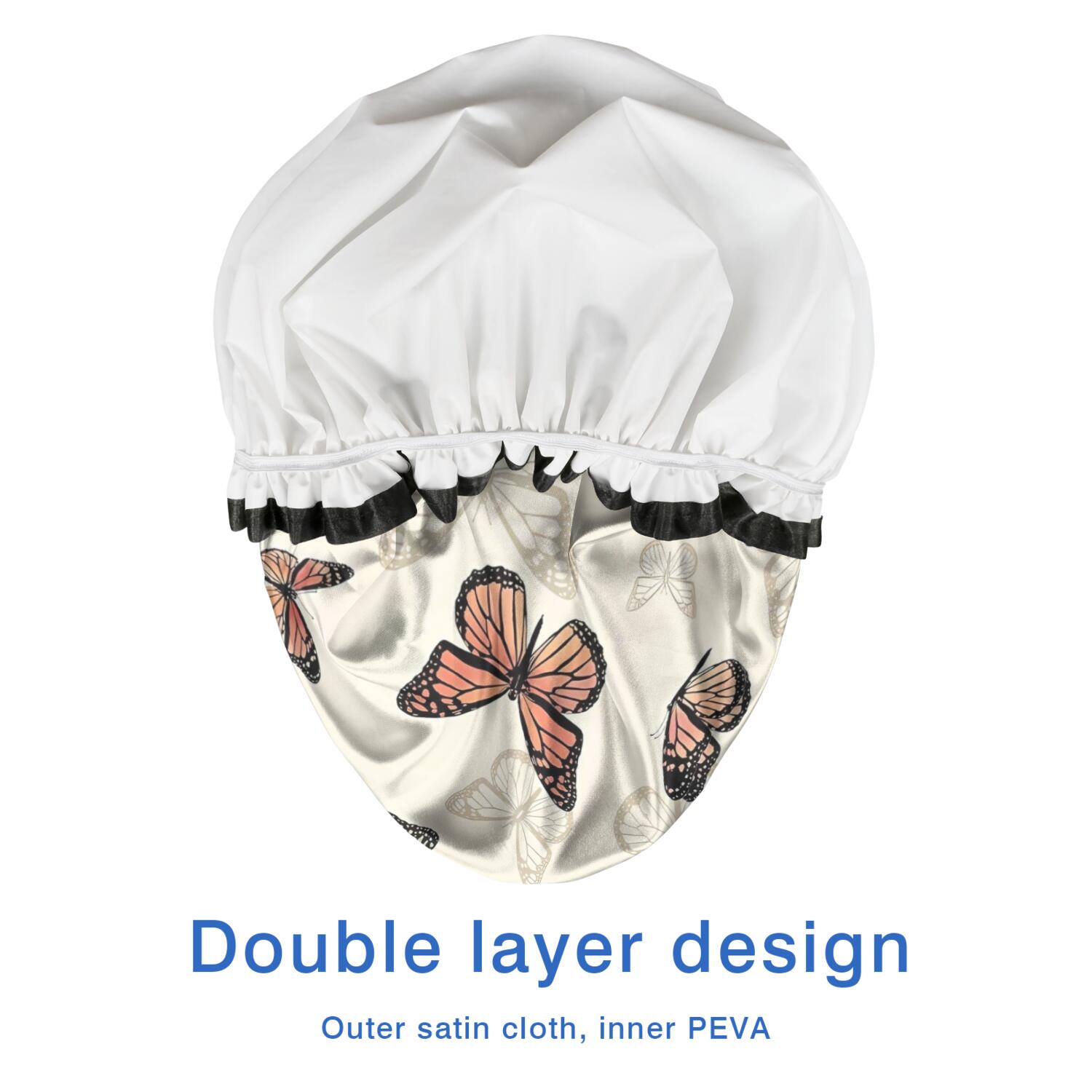Shower Caps,Beige Butterfly Pattern Waterproof Shower Cap for Women 4 Pieces,Double Reusable Hair Cover for Shower PEVA Elastic Stretch Hem
