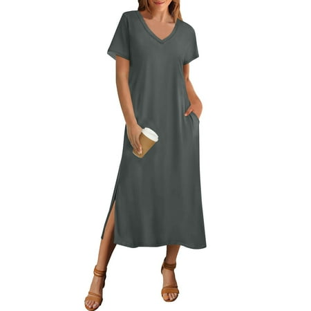 Nokdvo T Shirt Dresses for Women 2025 Boho V Neck Beach T Shirt Dresses Short Sleeve Coverup Swimsuit Dress with Pockets Fashion Flowy Cruise Outfits Gray S