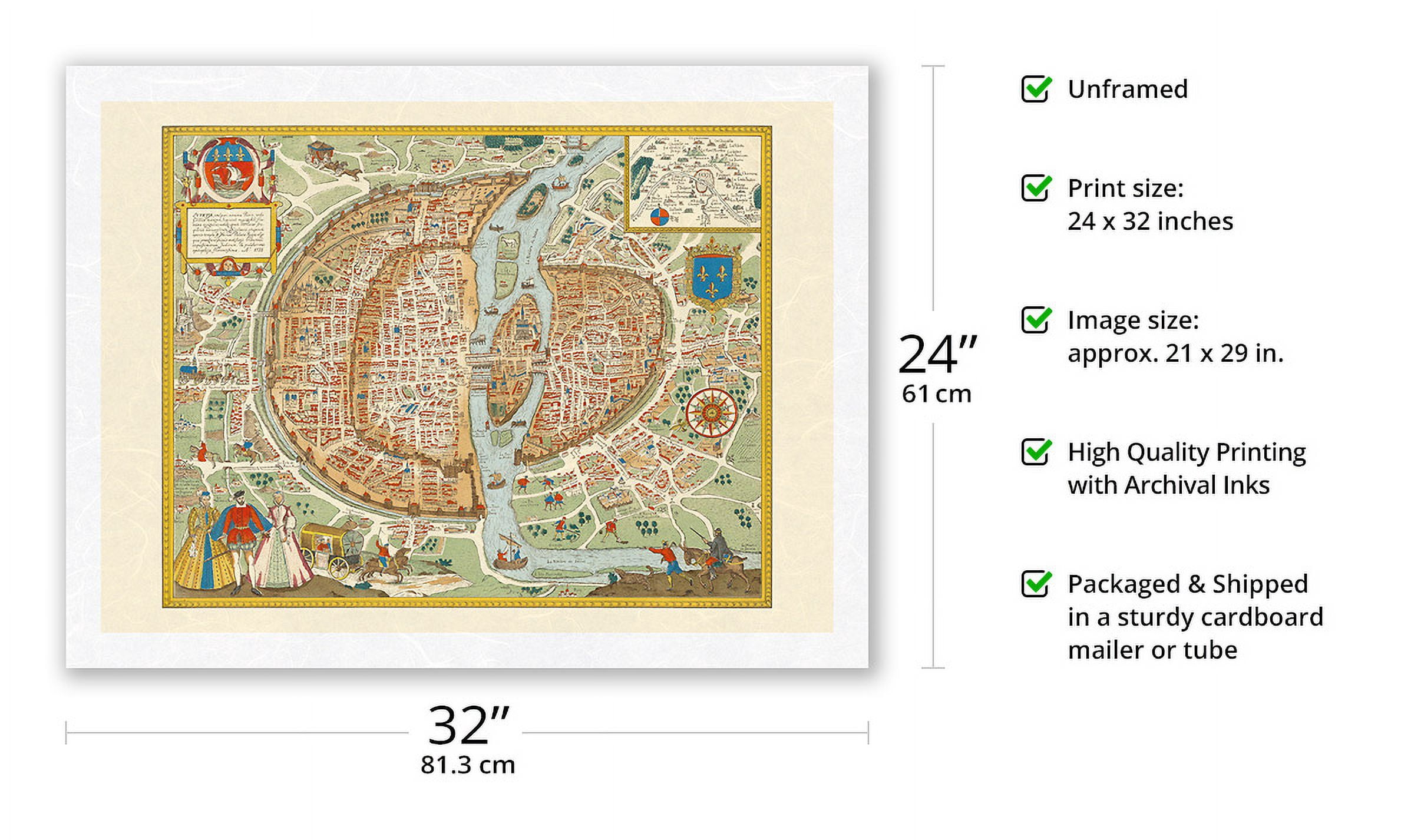 Paris France - Map of the City - Vintage Pictorial Map c.1578