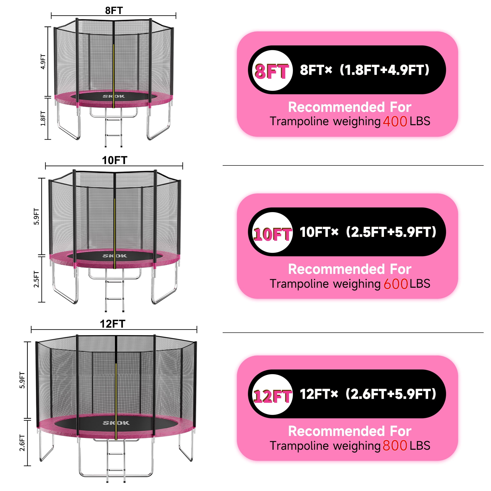 SKOK 8FT Pink Trampoline with 400LBS Capacity, Ladder, Waterproof, Heavy Duty for Outdoor & Indoor