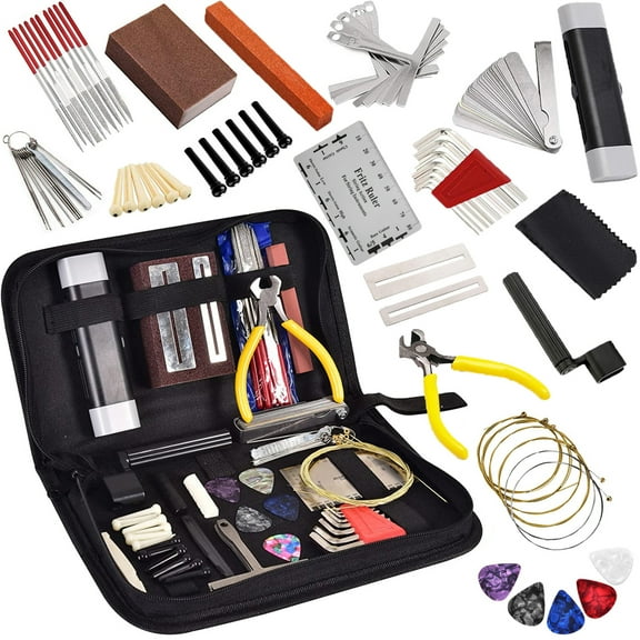 Repair tool suit for String Instruments: 74 PCS Guitar Tool Kit with Carry Bag, String Ruler, Guitar Pins, Strings, Picks Perfect Lover Gift Choice