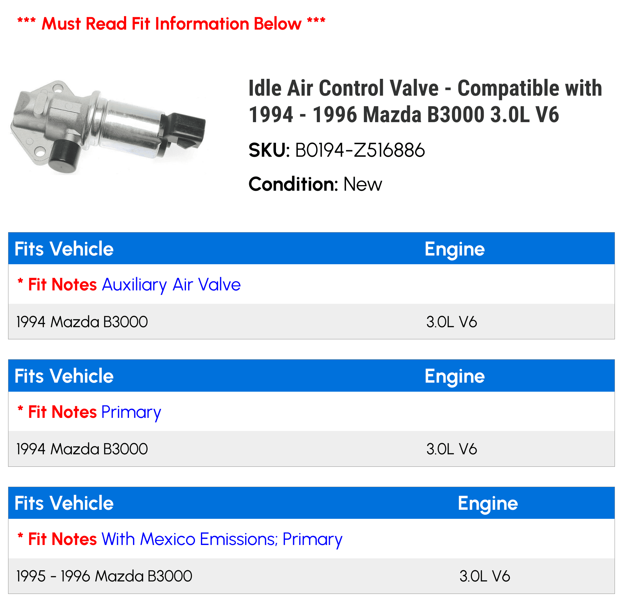 Idle Air Control Valve - Compatible with 1994 - 1996 Mazda B3000 3.0L V6 1995