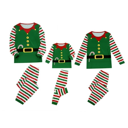 

Suanret Family Matching Christmas Pajamas Set Funny PJ Santa Claus Elf Print Sleepwear Long Sleeve Tops Striped Print Trousers Sets