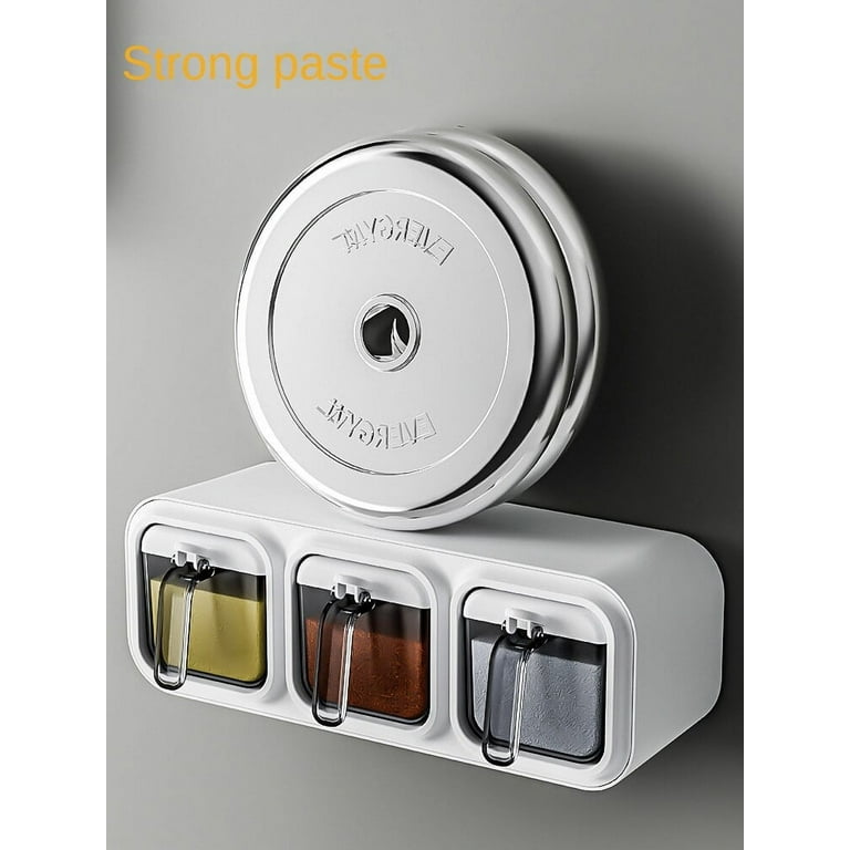 Self Adhesive Wall Mounted Spices Container Set Spice Jar Organizer Salt  Sugar Container Set-with Spoon,Rubber Sealed & Moisture-Proof Seasoning Box  