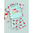 thumbnail image 3 of Kids Girls Boys Swimsuit, Watermelon Print Short Sleeve Crew Neck T-shirt with Shorts for Summer Beach Bathing, 3 of 9