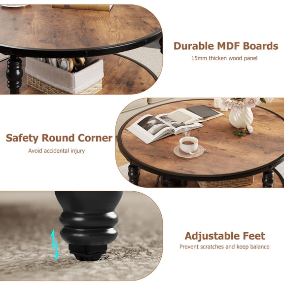 GoFashion Round Coffee Table for Living Room Rustic Center Table with Storage Shelf Wood Circle Coffee Table with Sturdy Metal Legs, Easy Assembly(Light Walnut)