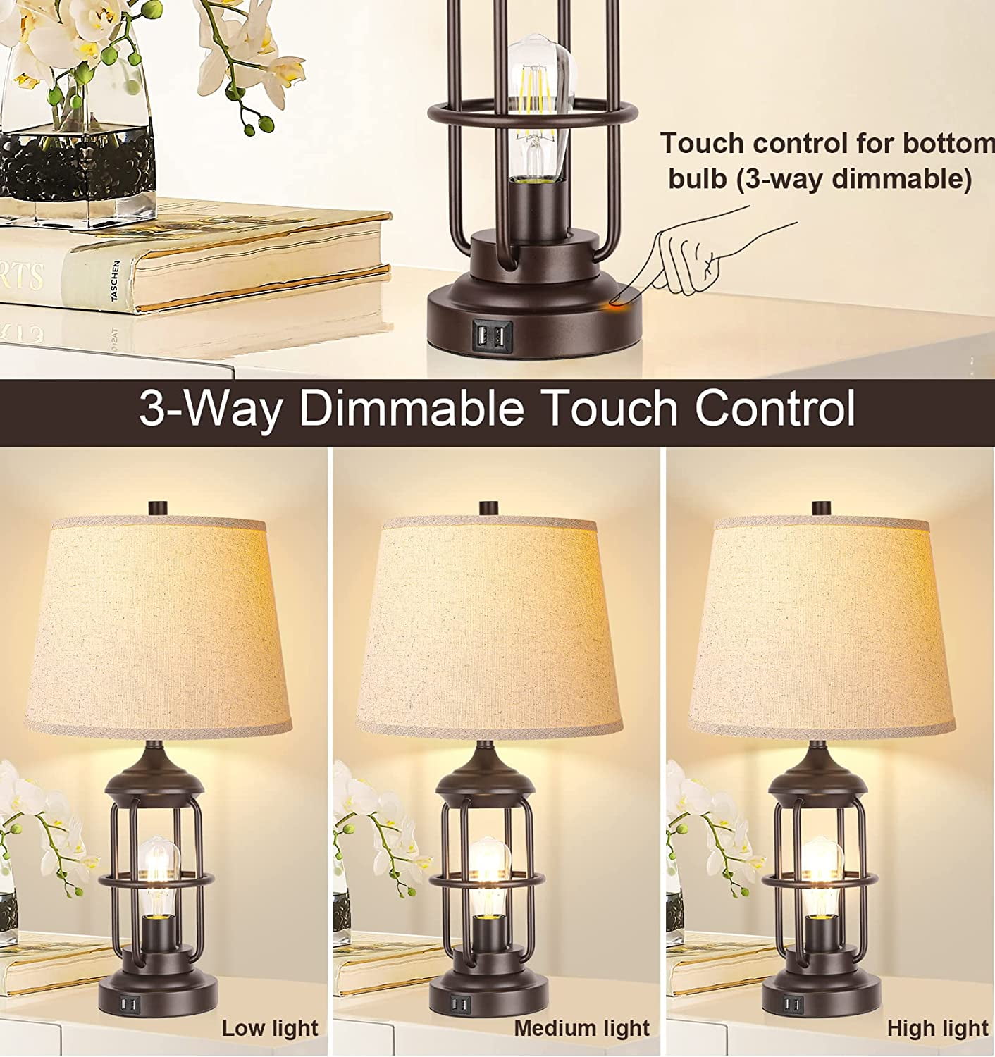 Partphoner Farmhouse Rustic Nightstand Lamp Set of 2 with USB Ports, Touch Control 3-Way Dimmable