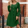 thumbnail image 2 of WTOBBY Women's Fashion Round Neck Casual Slim Solid Waist Long Sleeve Dresses - Elegant and Fitted Dress with Waist Accent, Perfect for Slimming Silhouettes or Office Wear,Army Green L, 2 of 5