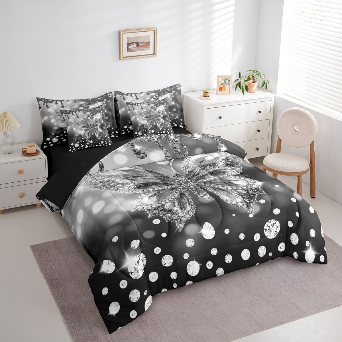jejeloiu Cute Butterflies 7 Pieces Bedding Comforter Set,Chic Moth Full Bedding Set,Sliver Gray Diamond Fitted Sheet Flat Sheet For Girls,Ultra Soft Home Decor Reversible