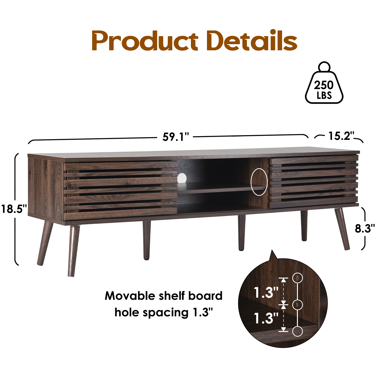 Hommoo Mid Century Modern TV Stands up to 70", Wooden Home Entertainment Center TV Console Cabinet with Sliding Tambour Door & Adjustable Shelves, Natural Walnut