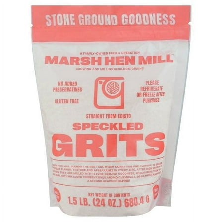 Marsh Hen Mill Speckled Grits - Heirloom Blend of Yellow and White Corn Stone Ground Grits, 24 oz Bag