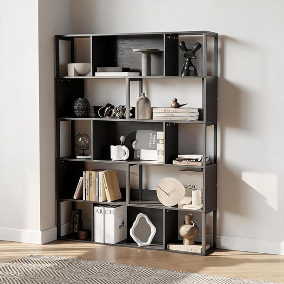 74.2 In Tall Geometric Bookcase 5 Shelf Mid Century Bookshelf Room Divider Storage Black
