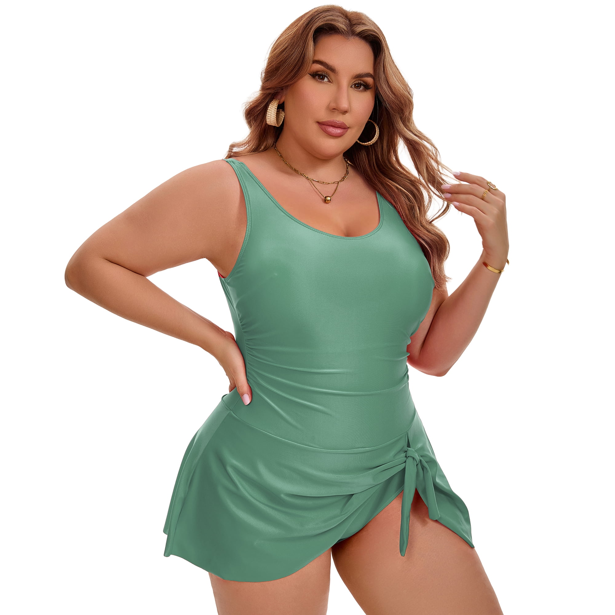 DARING DIVA Women's Plus Tummy Control Beach Vacation Swimdress L Army Green