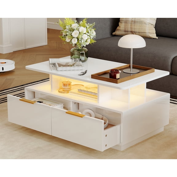 Garvee LED Coffee Table, 35" Modern 2-Tier Center Table with Adjustable Color-Changing Lights, 4 Drawers & Open Display Shelf, for Living Room Sofa Side Table, White