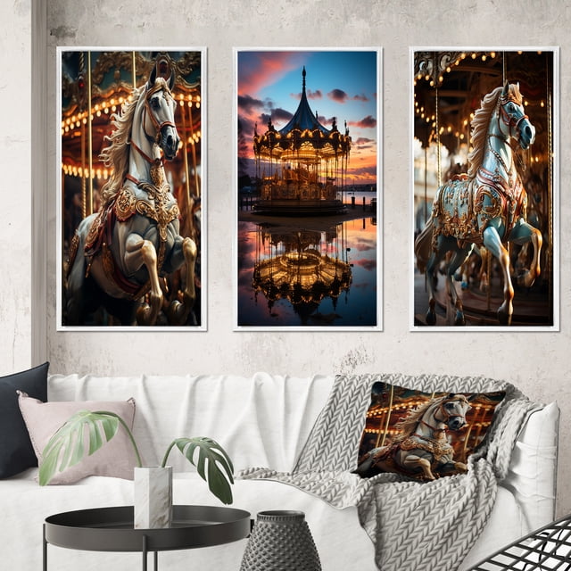 Designart "A Celebration of Carousel s Timeless Charm" Cityscapes Framed Wall Art Set Of 3 - Multi-Color Carousel Frame Canvas Set For Living Room Decor