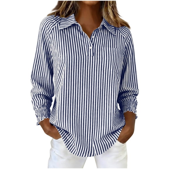 Uootdi Long Sleeve Shirts for Women Striped Turn Down Collar Haft Button Down Relaxed Fit Business Casual Office Commute Outfits Gift