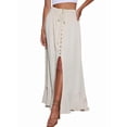 thumbnail image 3 of Women'S Elastic Tie Waist Button Down Maxi Skirts Casual Loose Flowy Swing Slit Front Dress White M, 3 of 8