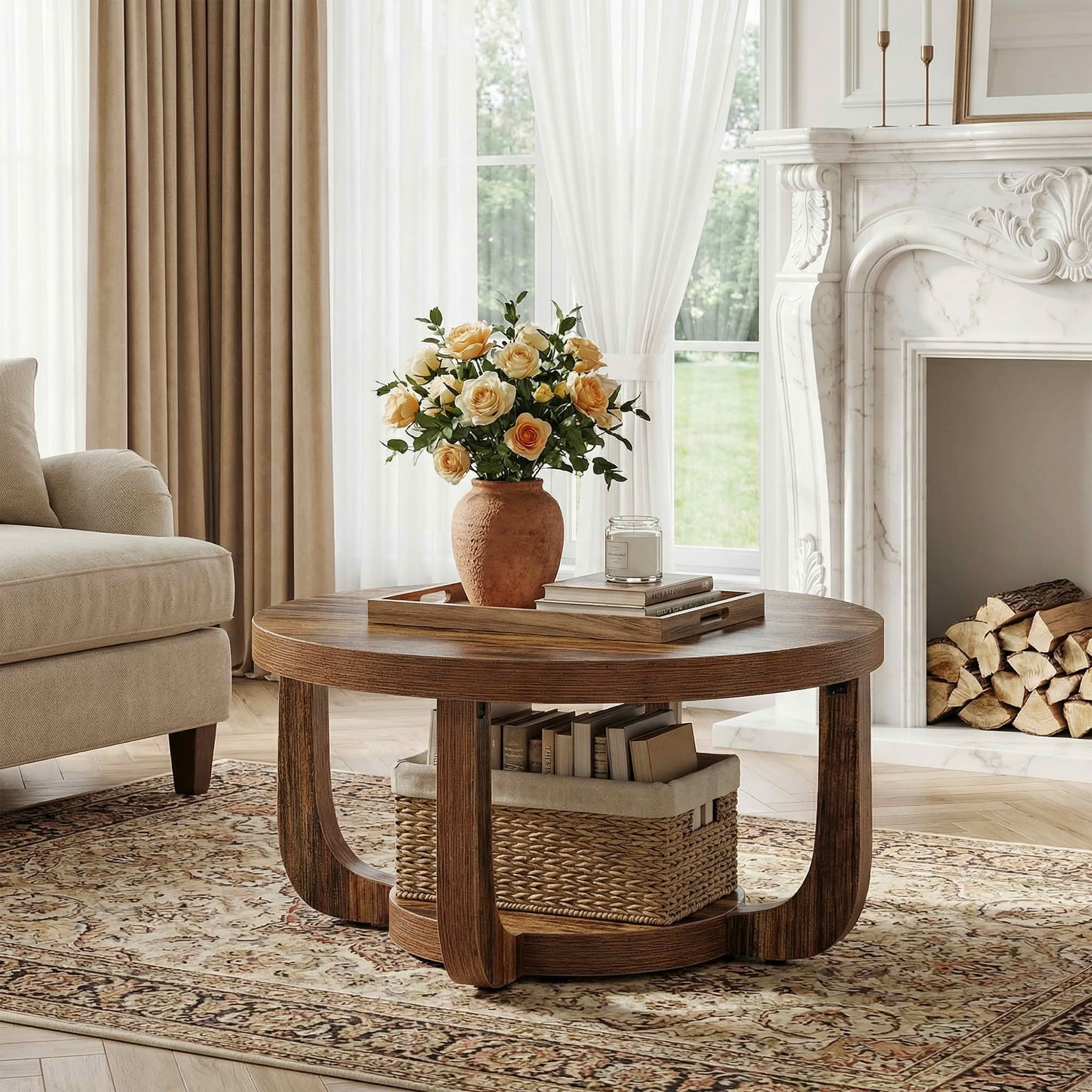 MAYEETY 31.5 Inch 2-Tier Round Coffee Table Modern Storage Living Room Table
