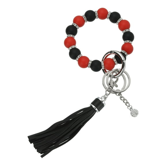Uxcell Silicone Wristlet Keychain, Cute Beaded Wristlet Keychain Car Key Ring with Leather Tassel for Women, Black/Red
