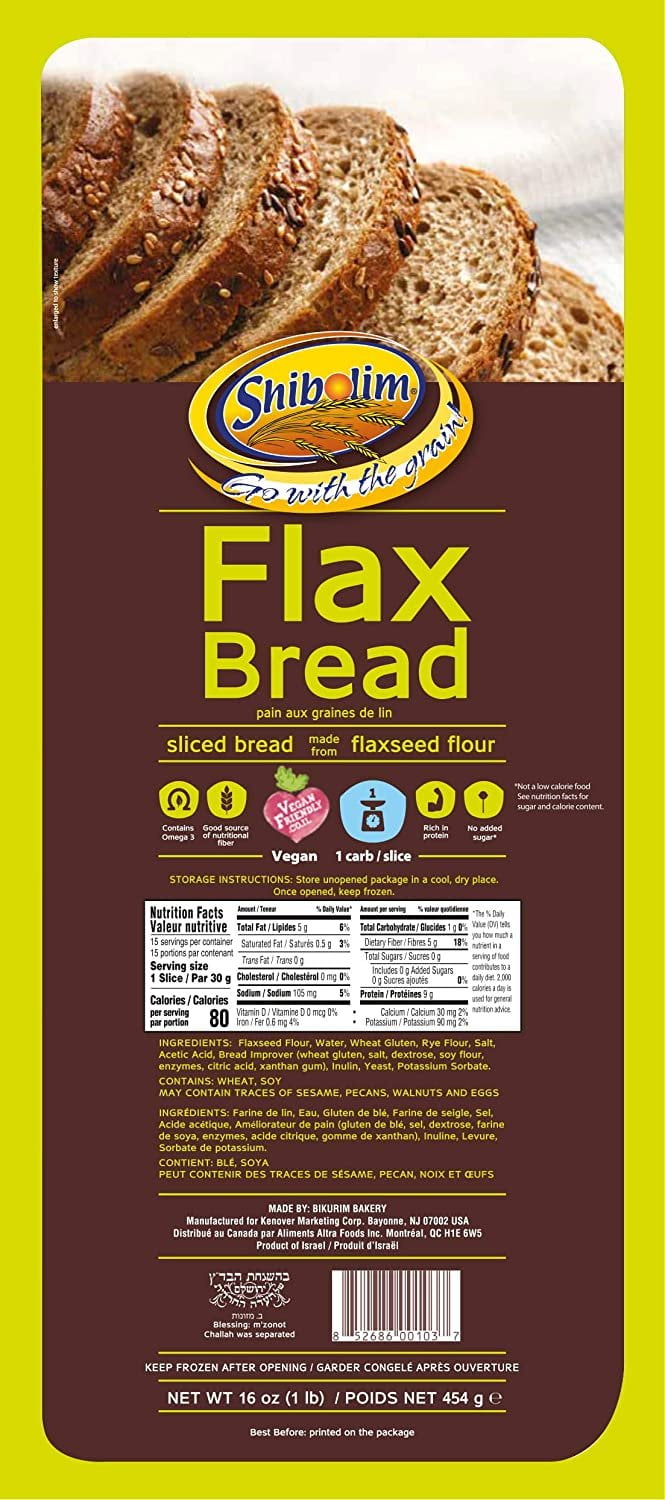 Shibolim FlaxSeed Bread 1 Pound Low Carb, Only 1 Net Carb Per Serving, Keto Friendly, Rich in