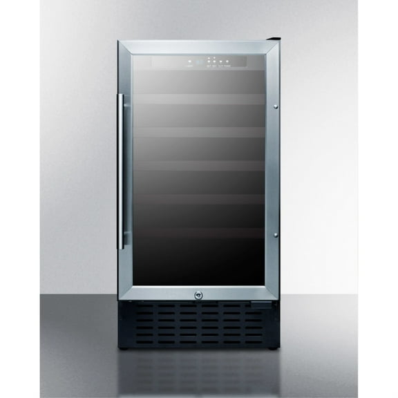 18" wide wine cellar for built-in or freestanding use with stainless steel cabinet, digital controls, and LED lighting