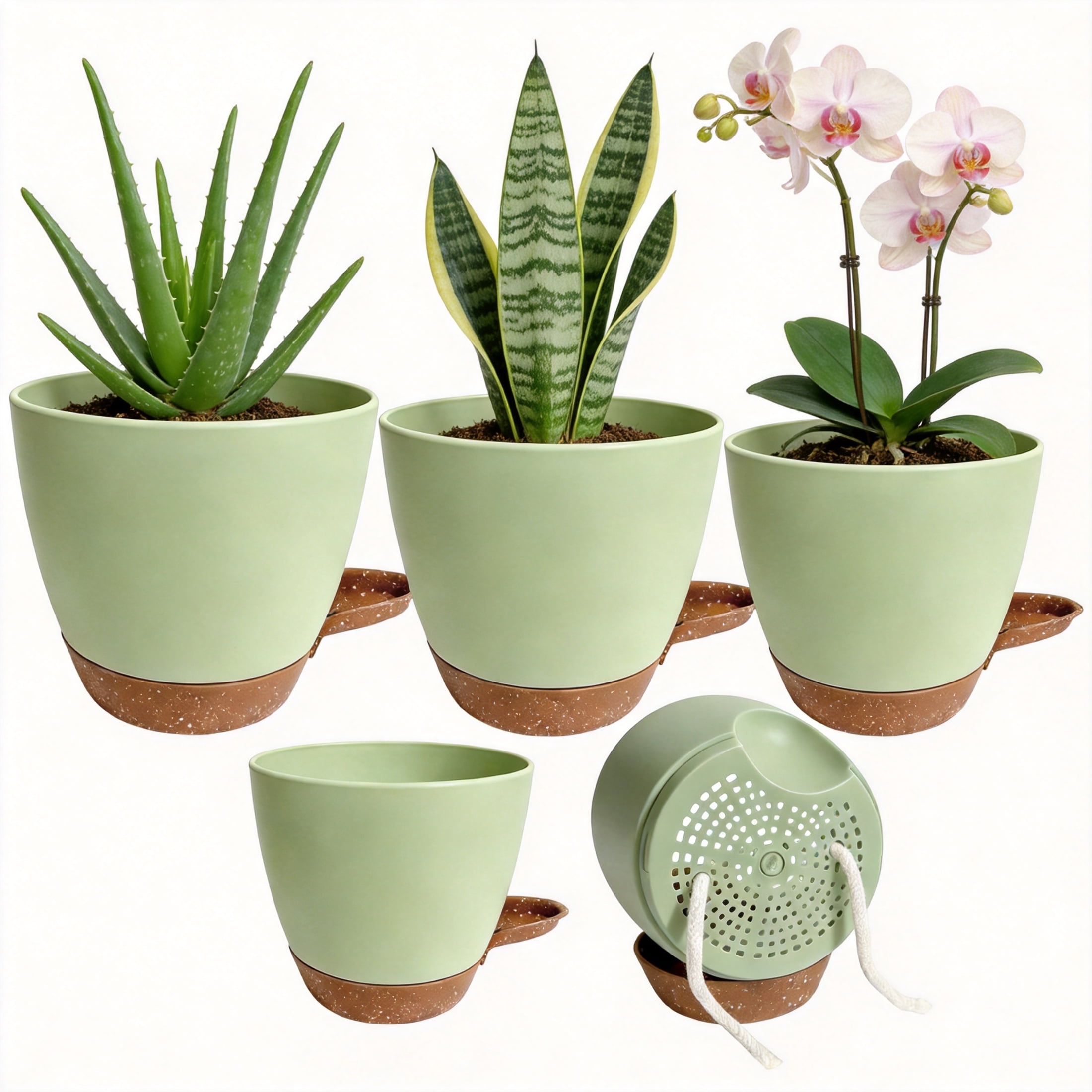 Self Watering Plant Pots Set of 5, 7/6.5/6/5.5/5 Inch Flower Plant Pots, Plastic Flower Pots with Drainage Holes and Saucers, Nursery Planting Pot for Indoor Outdoor Plants