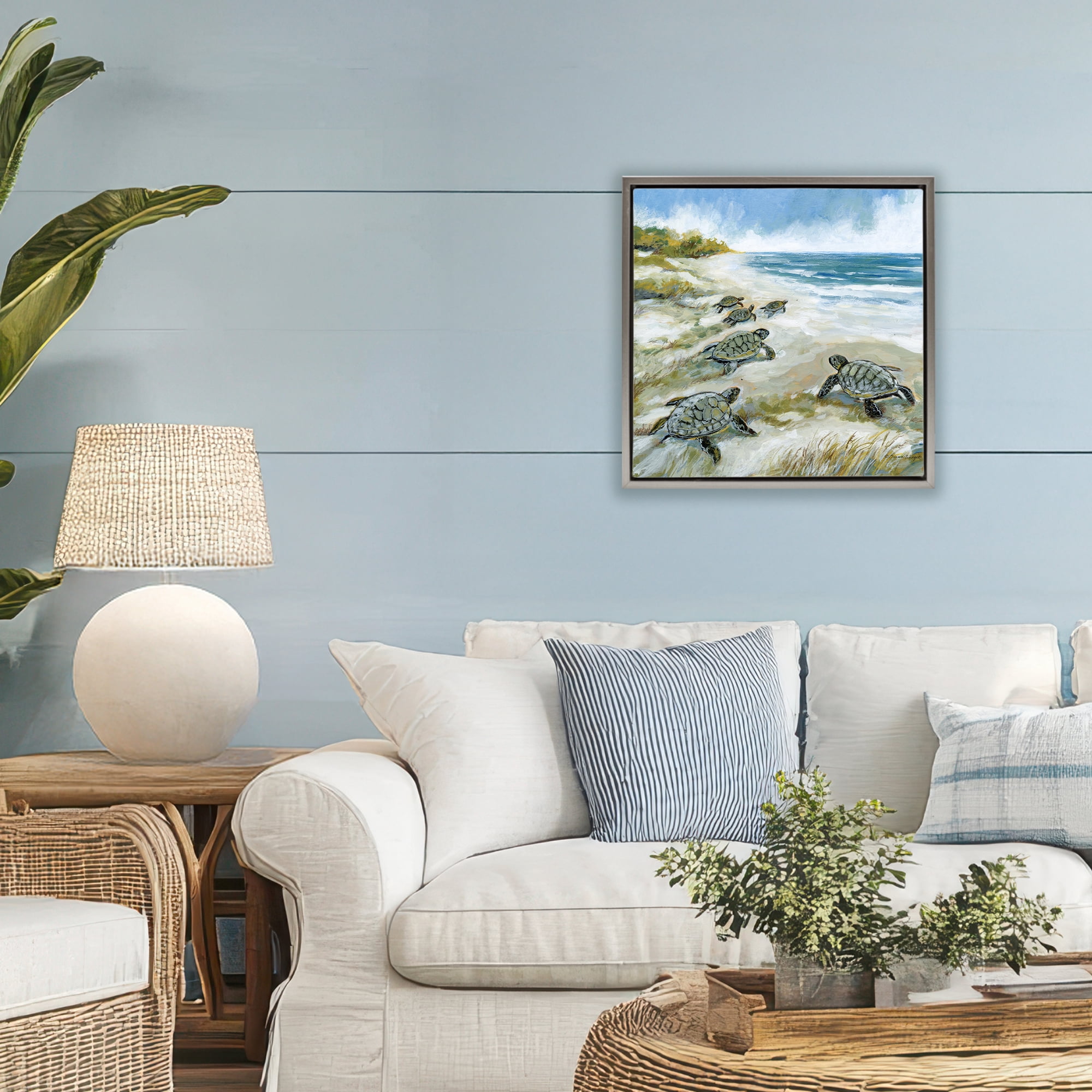 Stupell Industries Baby Sea Turtles on Beach Gray Framed Floater Canvas Wall Art, design by Susan Winget