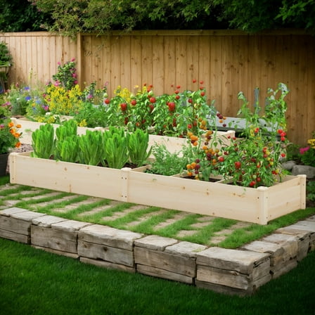 Demifill Wooden Raised Open-Ended Base Garden Bed, Raised Garden Bed with 2 Planter Boxes Divider for Outdoor as Garden, Backyard, Porch, Natural