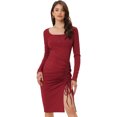 thumbnail image 1 of Vestido Ajustado de Punto de Manga Larga con Cuello Cuadrado para mujer borgoña S, 1 of 5