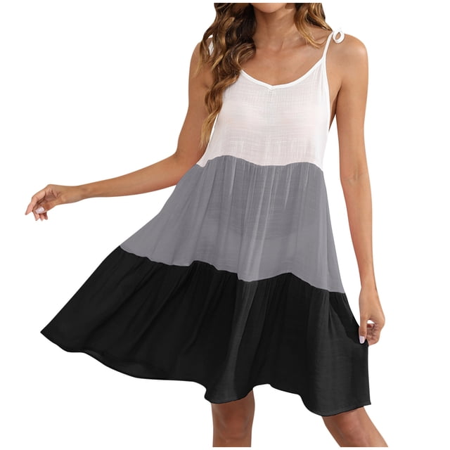 Penkiiy Robe Décontractée Ample Sans Manches pour Plage Vacances Col en U Mode Douce S Gris
