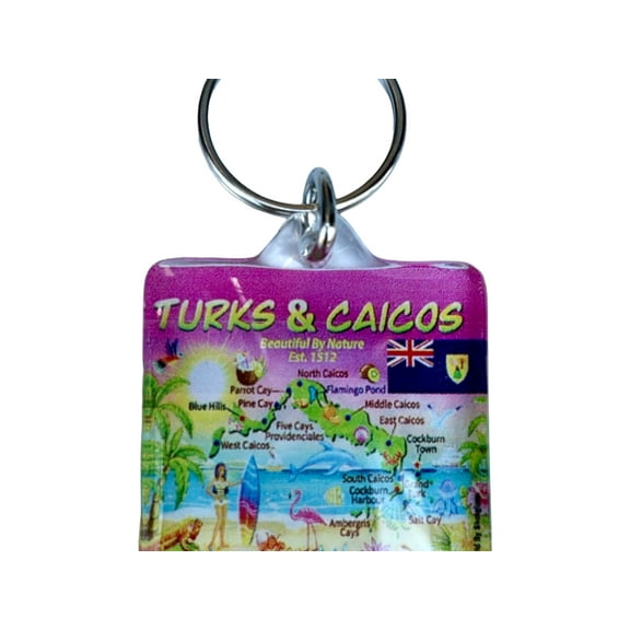 Turks & Caicos Map Acrylic Square Souvenir Keychain 1.5" X 1.5"