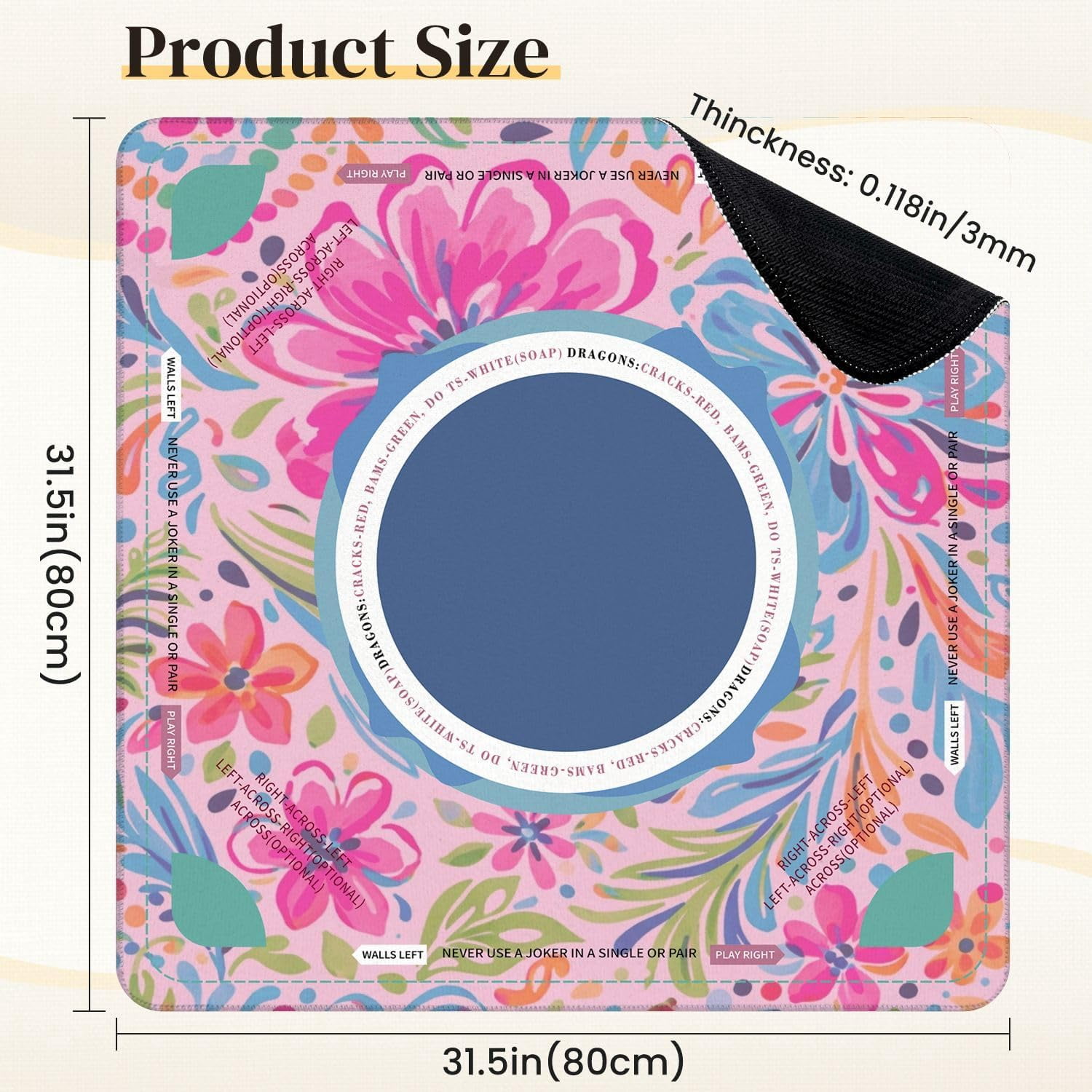 Mahjong Mat for Table Vibrant Floral Pink Blue Green Flowers 31.5" x 31.5" Suit American Mahjong Rule Non-Slip Noise-Reducing Game Mat for Poker Dominoes Hosting