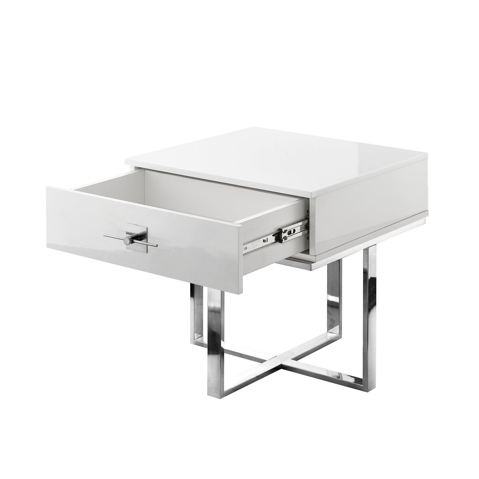 Hilo White Chrome Side Table - 1 Drawer, Hight Gloss Lacquer Finish, Polished Stainless Steel Base