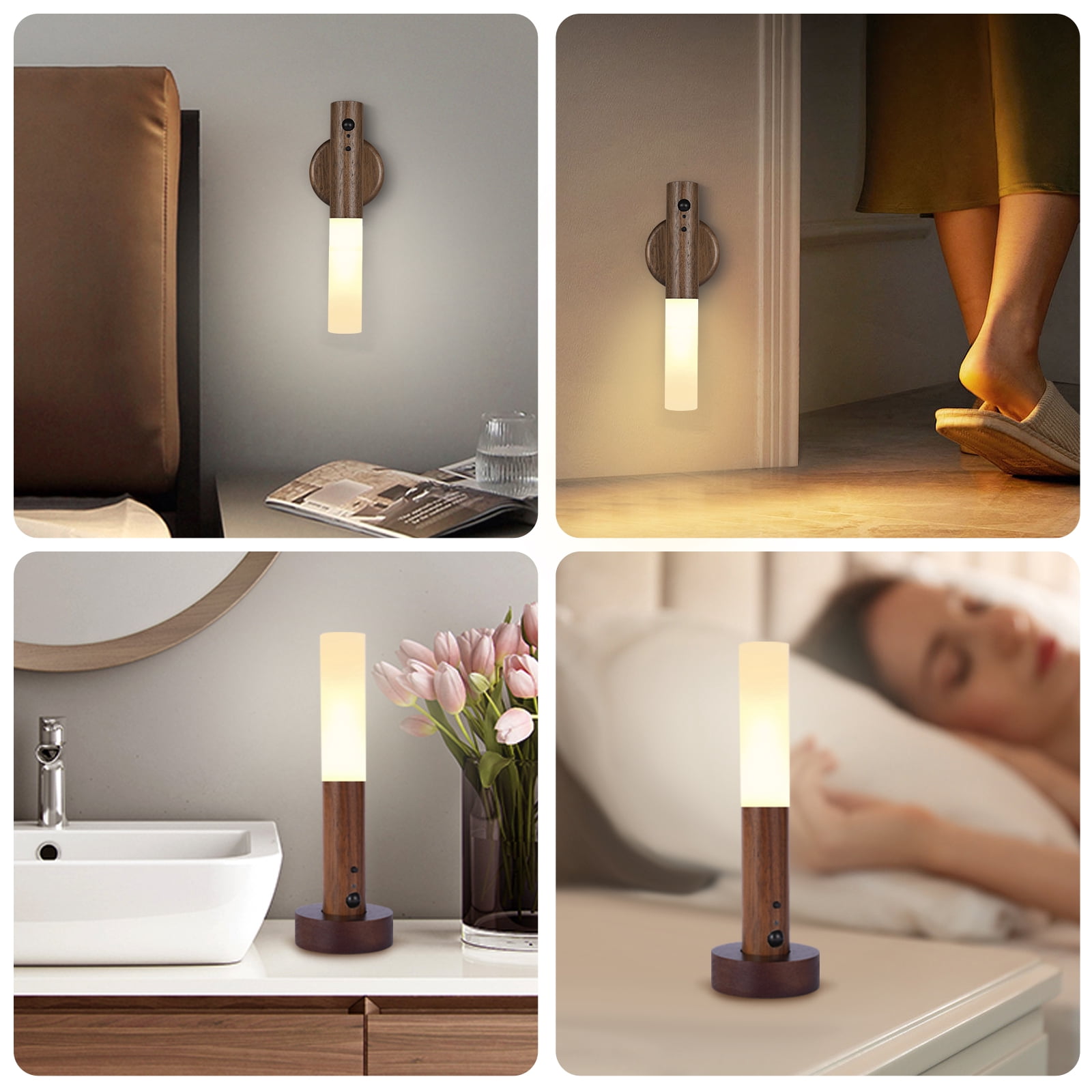 2PCS Motion Sensor Night Lights – Wooden Wall Sconce with 3 Adjustable Brightness Modes, Rechargeable Magnetic Motion Sensor Lights, Perfect for Indoor Use, Hallways, Entryways, and Corridors