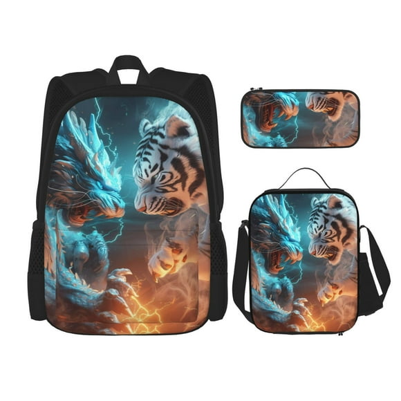 Kdxio Blue Dragon And White Tiger Print School Study Combo Set Backpack with Lunch Bag Pencil Case Oxford Lightweight Durable Travel Organization Kit