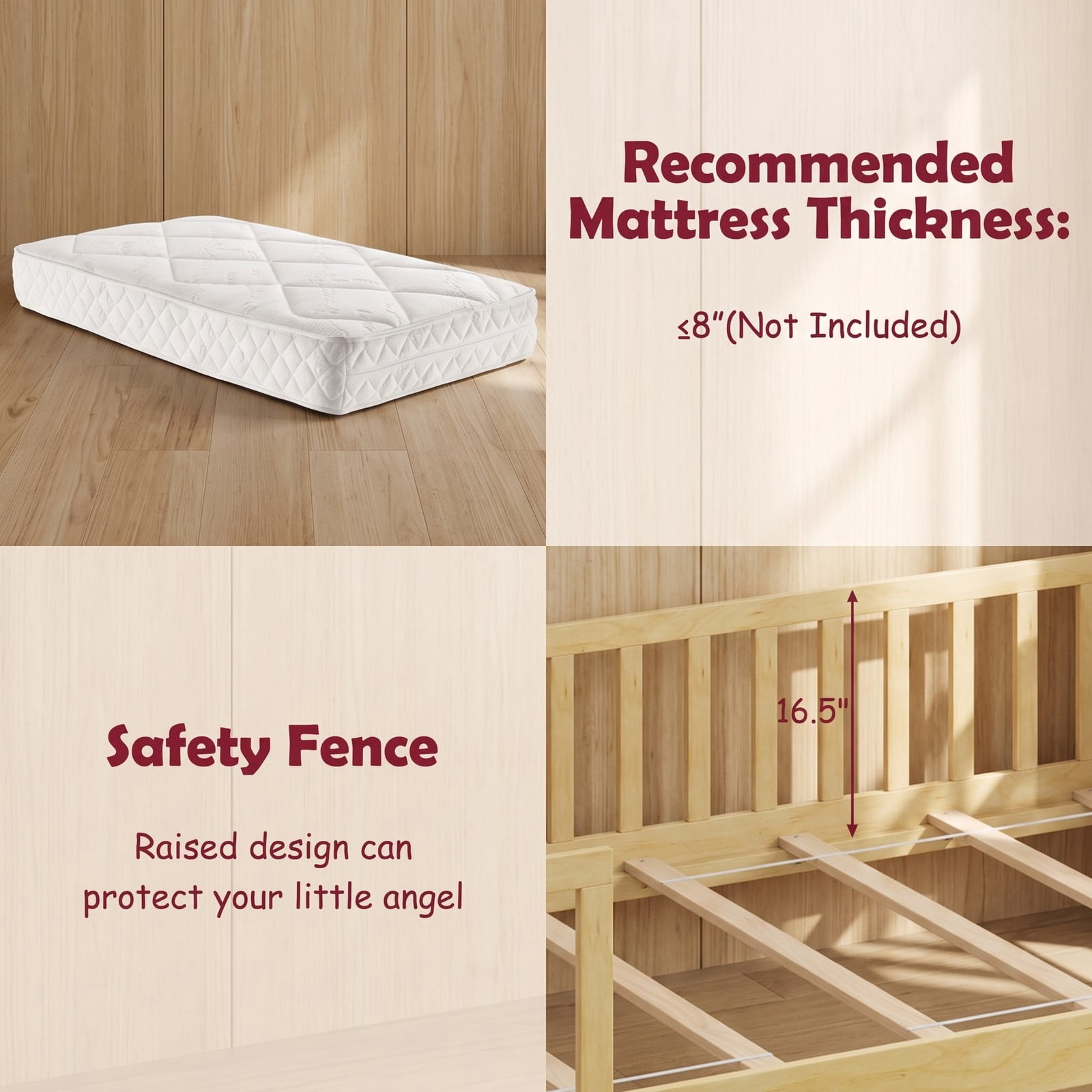 Furnibear Twin House Bed Frame with Storage Drawers, Montessori Floor Bed with Roof Frame and Fence Rails, Platform Bed Frame for Kids Room, Natural