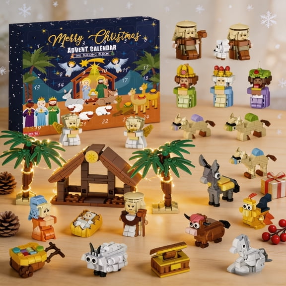 QLUEWX Nativity Advent Calendar 2026, Christmas Advent Calendar for Family Fun, 24 Days Building Blocks Countdown Toy Classic Nativity Scene Assemble Playset