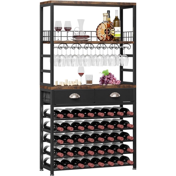 Wine Cabinet with Storage, Wine Rack Freestanding Floor, 6-Tier with Tabletop, Drawer and Wine Storage for Home Bars