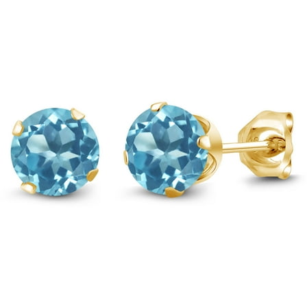 Gem Stone King 1.20 Ct Round Shape Swiss Blue Topaz Yellow Gold Plated Silver Stud Earrings for Women Men