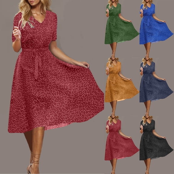 FRSASU Summer Dresses for Women Short Sleeve Polka Dot Midi Dress V-Neck A Line Sundress Beach Vacation Flowy Dresses Wine
