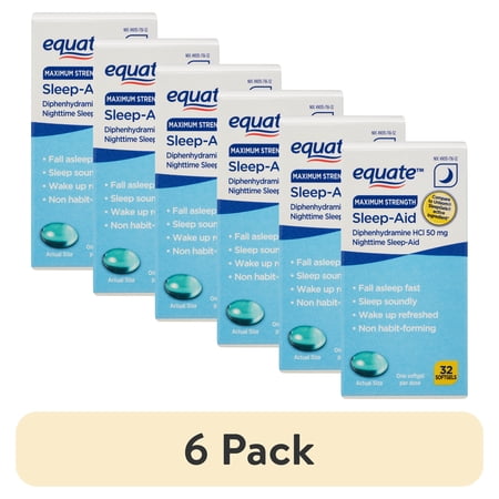 (6 pack) Equate Maximum Strength Nighttime Sleep-Aid Diphenhydramine HCl Sleep Support Softgels, 50 mg, 32 Count, Compare to Unisom® SleepGel®s Active Ingredient
