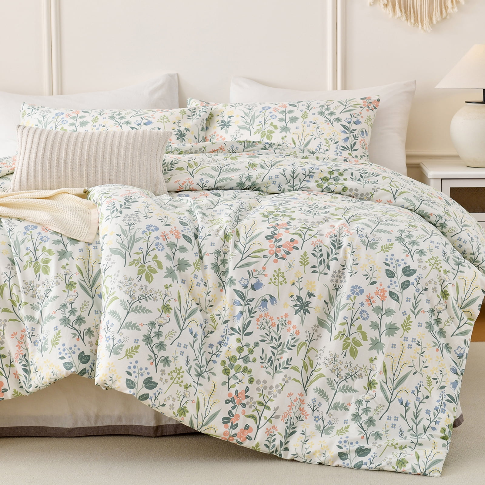 Move Over Floral Duvet Cover Set Queen 100% Cotton Green and Pink Floral Bedding Set 3 Pieces Soft and Breathable Green Branches Floral Comforter Cover Set No Filling