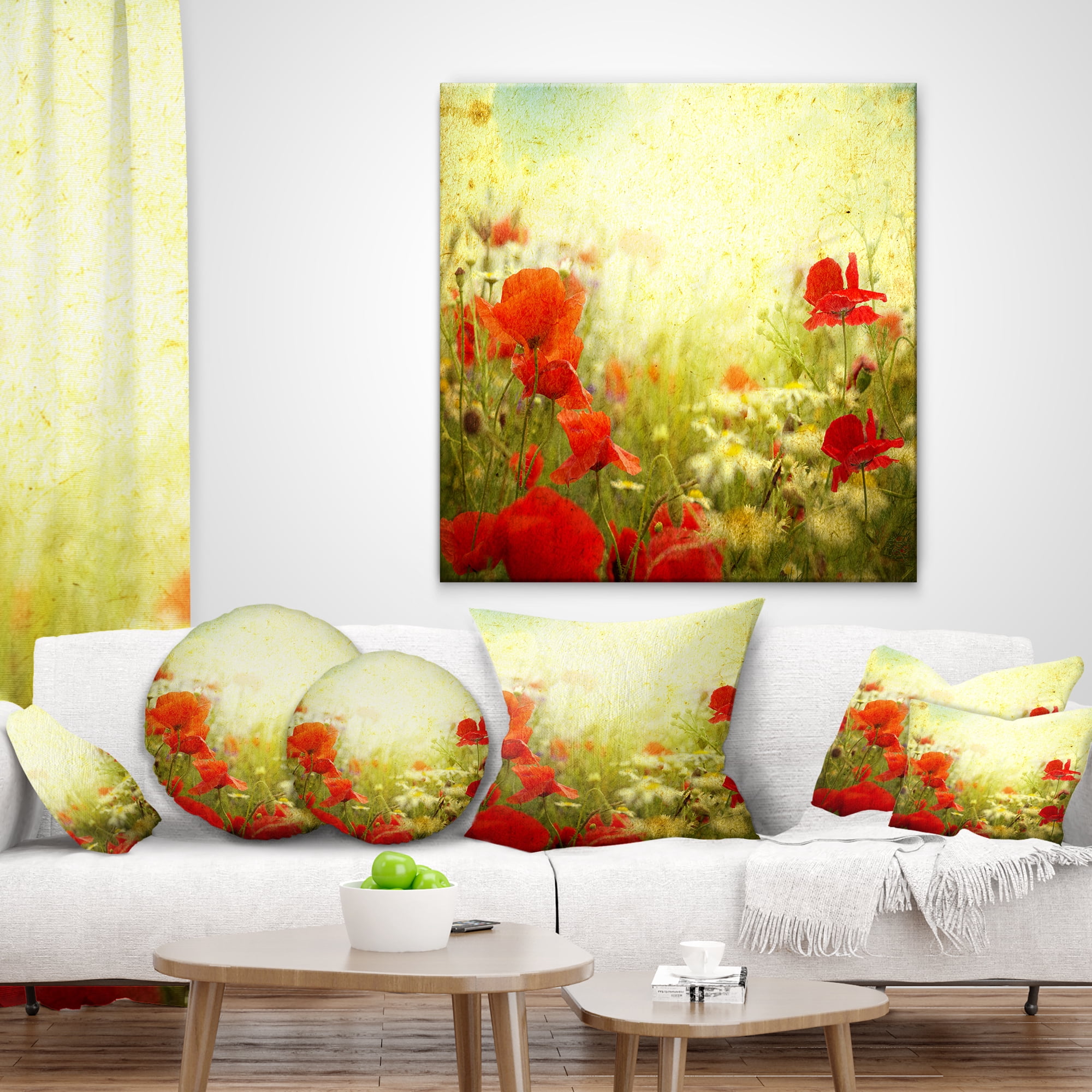 Designart Grunge Background with Red Poppies - Floral Throw Pillow - 18x18