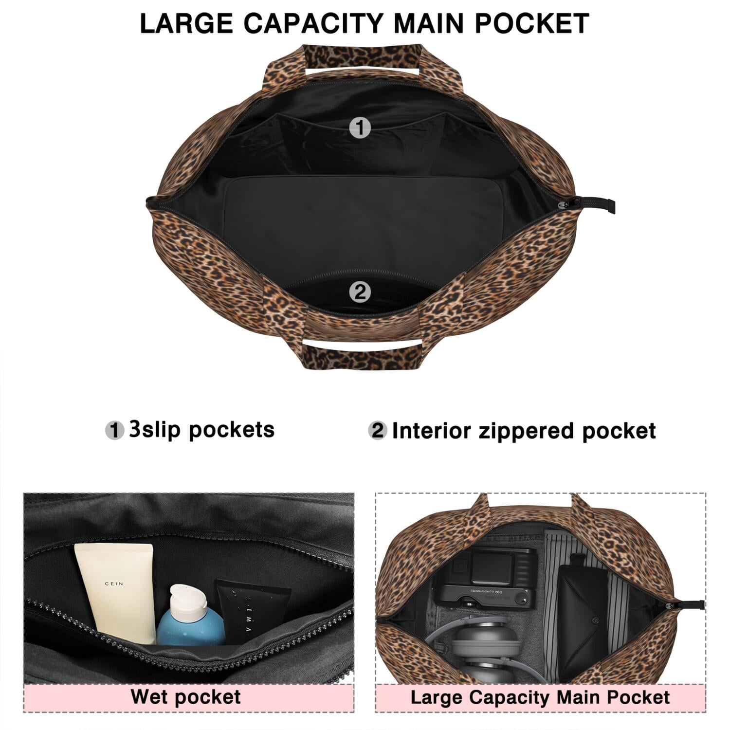 Brown and Black Leopard Print Travel Tote Bags for Women Carry On,Large Weekender Bags for Women Travel,Multi Functional Duffle Bag for Work,Shopping,Sports