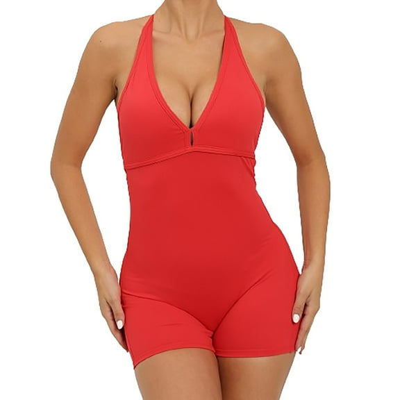 Womens Sexy Workout Rompers Halter V Neck Backless Unitard Bodysuit Shorts One Piece Gym Yoga Outfits Jumpsuits (S, Red)