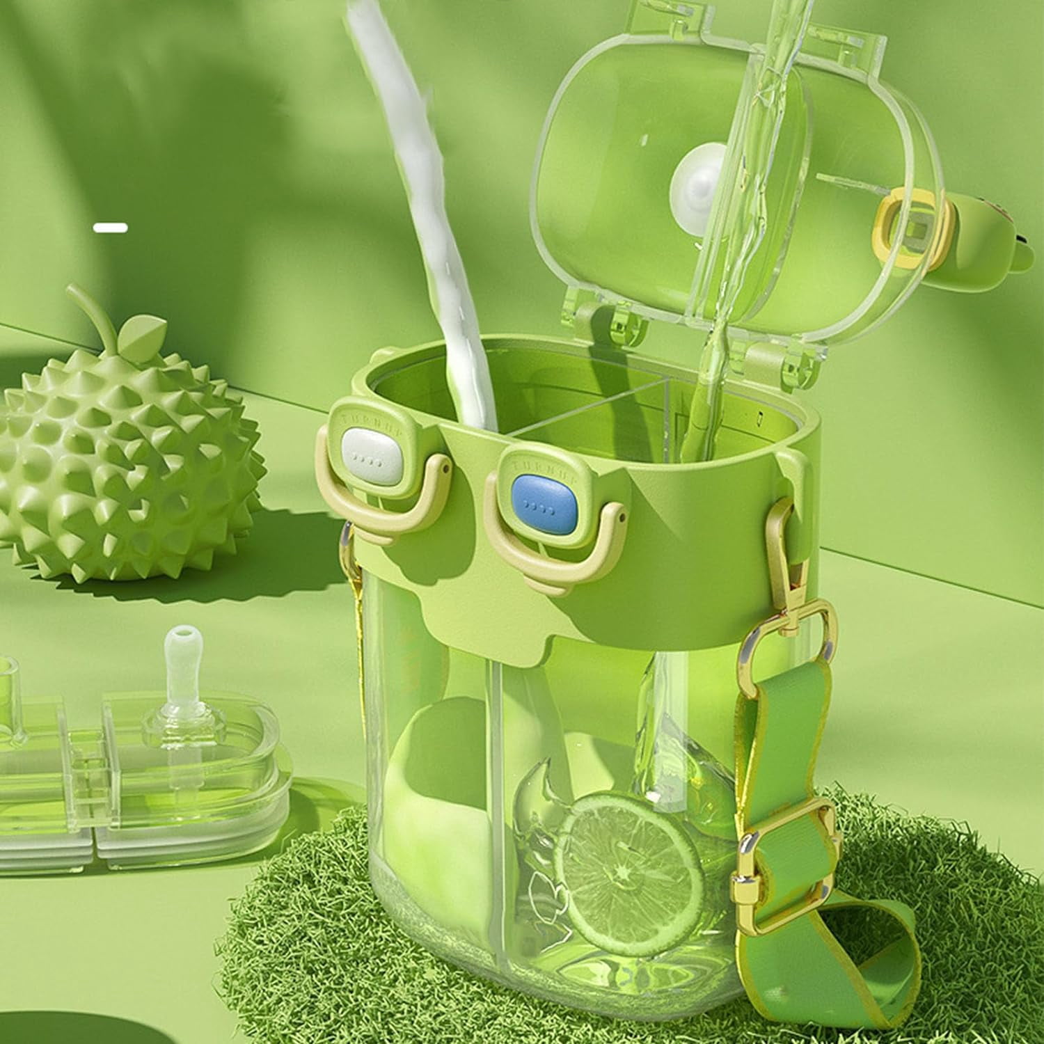 CATPAN Fdit Kawaii Water Bottles with Straw, Fashion Plastic Double Drinking Water Bottle Adjustable Strap for Sports Fitness Gym Camping (Lime Green 780ml)