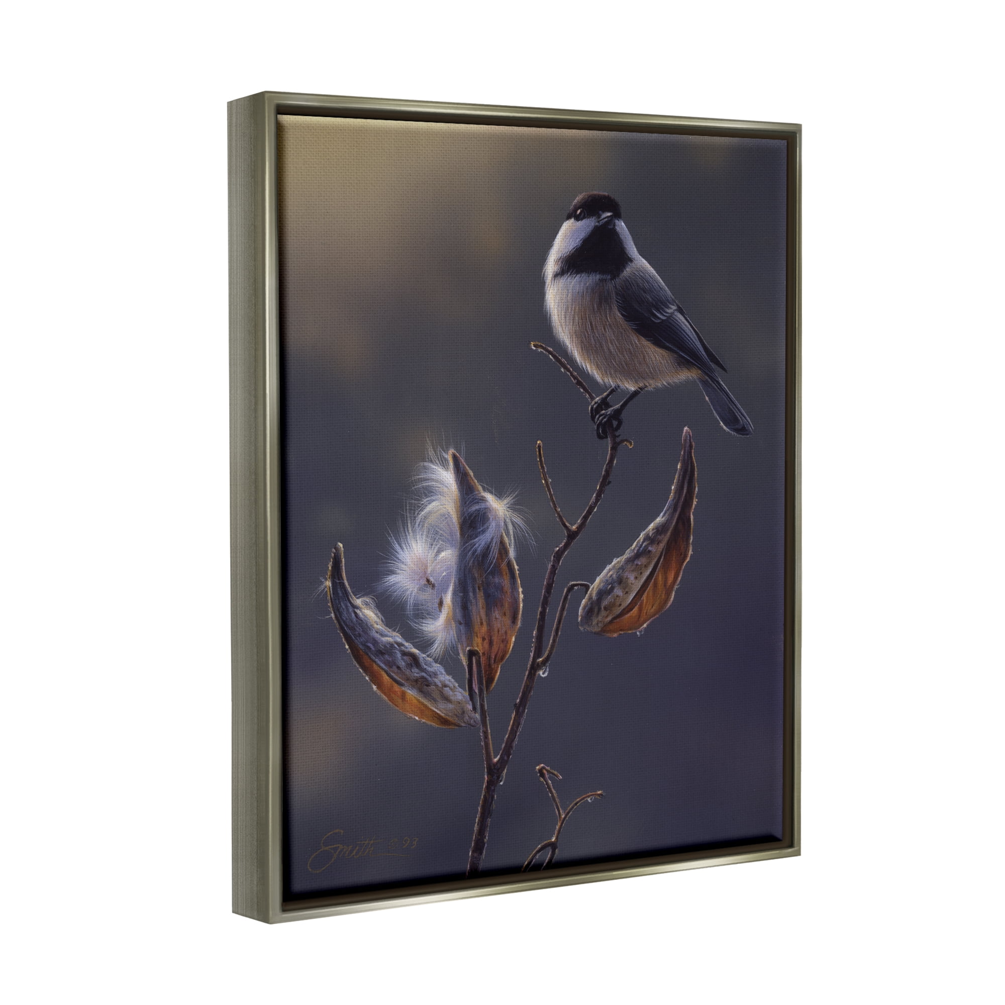 Stupell Industries Bird Perched Floral Seed Pods Animals & Insects Painting Gray Floater Framed Art Print Wall Art