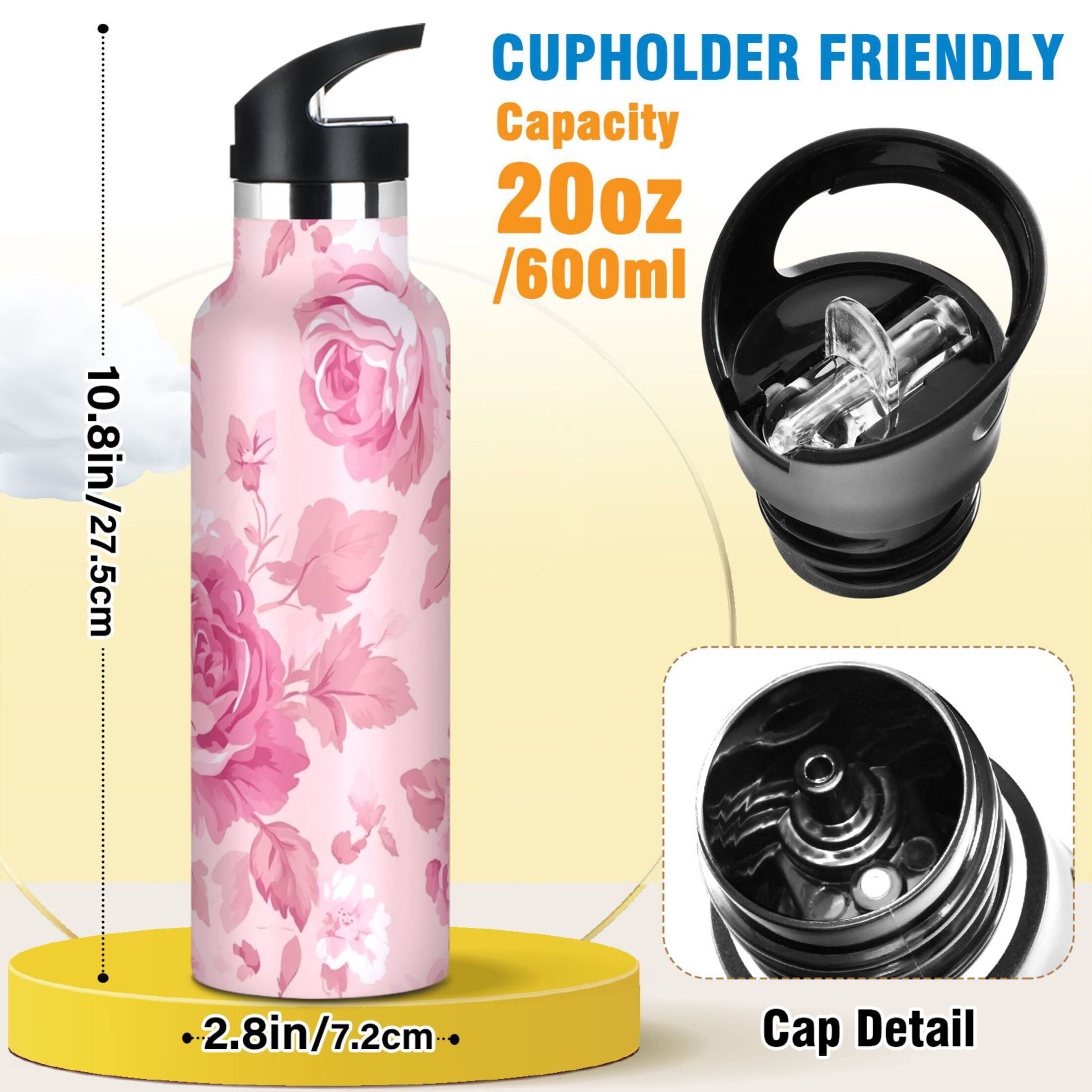 600ML Stainless Steel Insulated Cup Sports Water Bottle Portable Thermos Cup Water Glasses Insulated Tumblers Convenient and Durable Charming Pink Roses