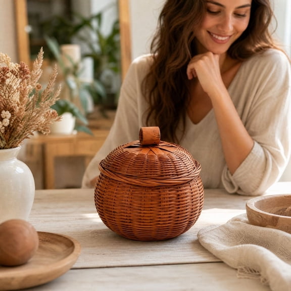 Rattan Pumpkin-Shape Storage Basket, Handwoven Storage Basket With Lid, Desktop Organizer Caddy Container for Home Party Use