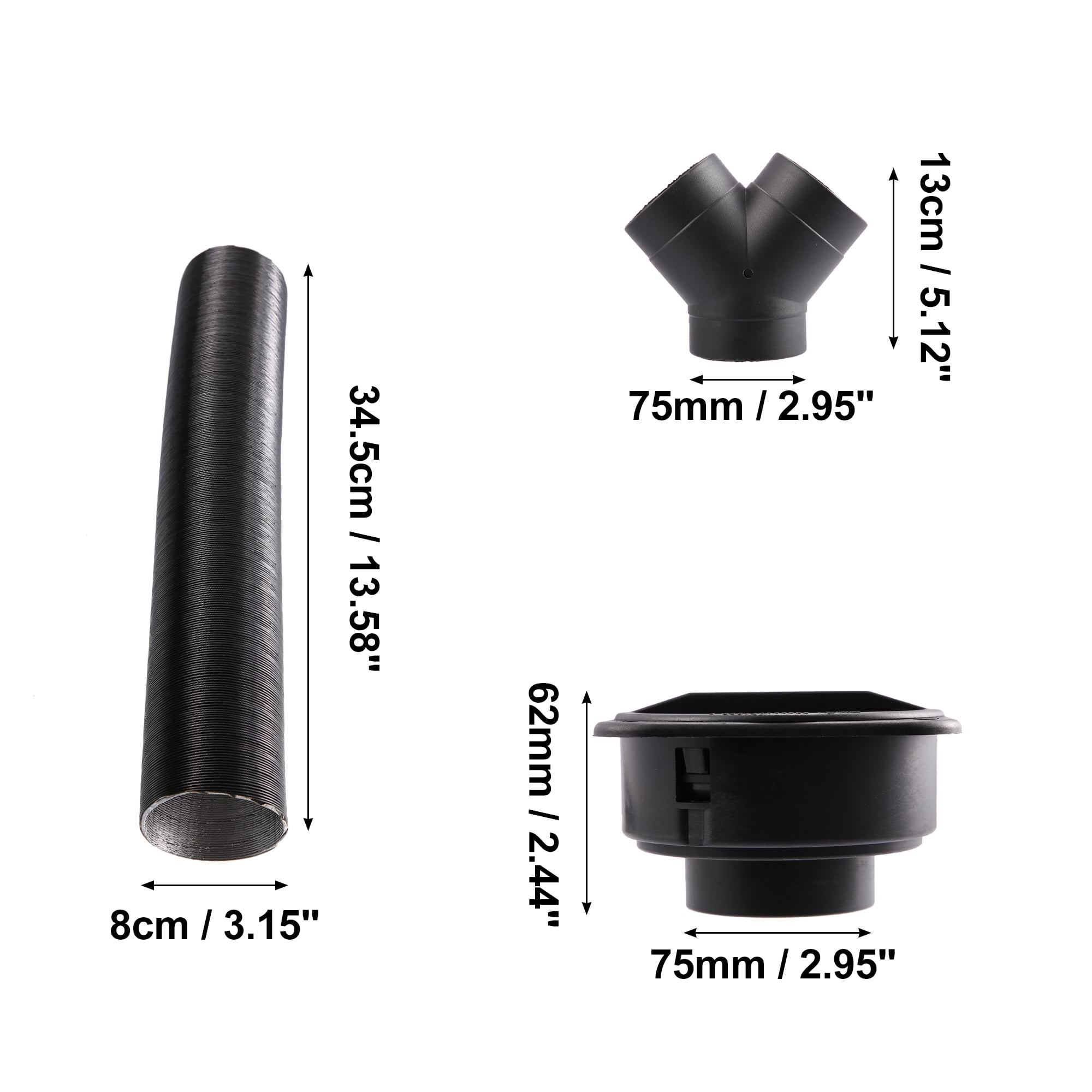 Unique Bargains 1 Set 75mm Auto Car Heater Duct Kit with Outlet Connector Air Vent Outlet Hose Clips Black Suit Y Tube